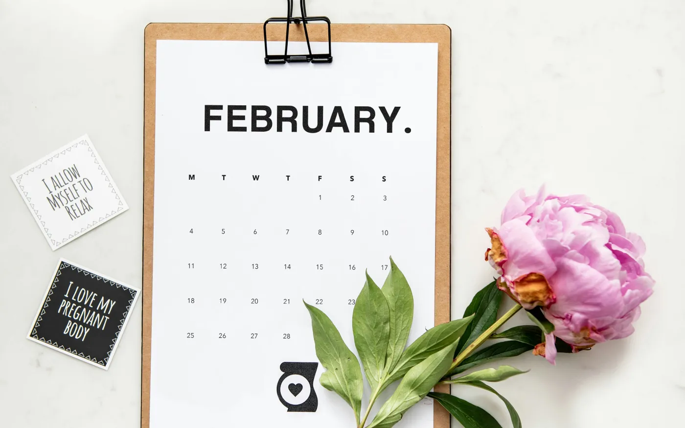 minimalist photography of a calendar and pink-petaled flower by Emiliana Hall courtesy of Unsplash.